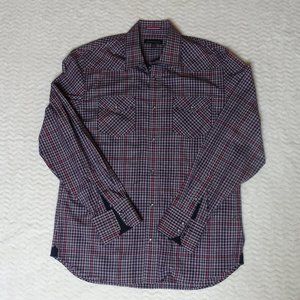 Banana Republic Casual Button Down Shirt Adult Large Blue Red Plaid Pearl Snap